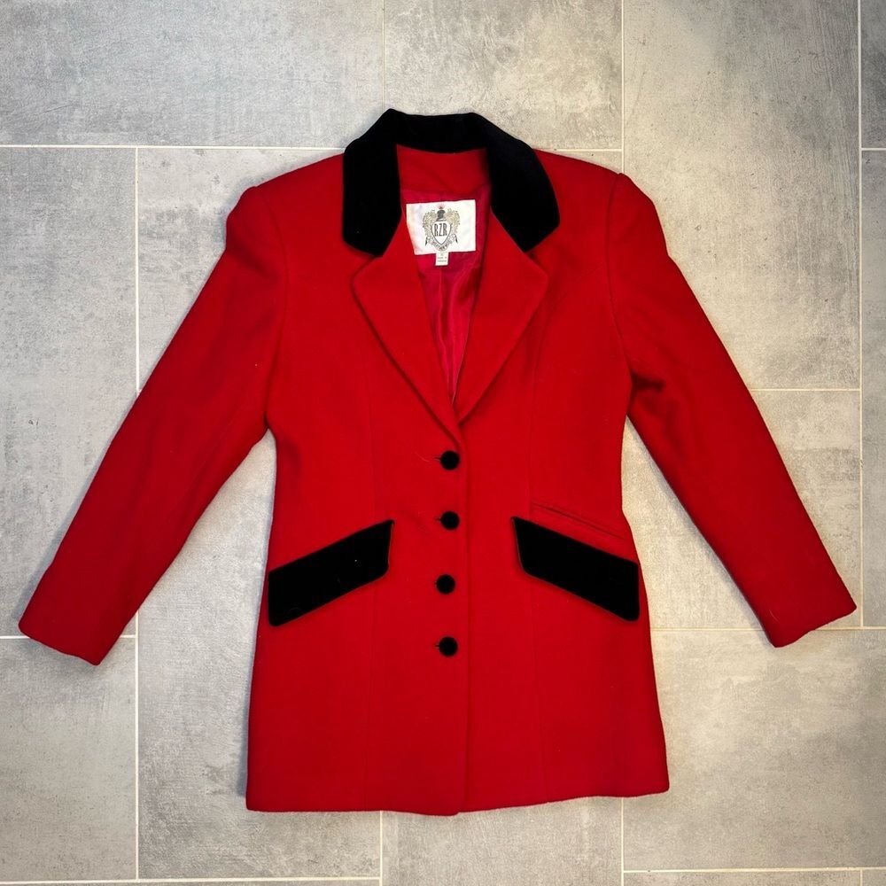 VTG RZR Red Wool Jacket Riding Equestrian Longline Black Velvet Trim MadeRomania
